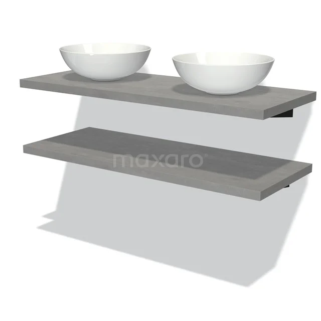 Graue Holz-Badezimmerplatte mit doppelten weißen Aufsatzwaschbecken, modernes schwebendes Design, perfekt für eine schlichte Badezimmergestaltung.