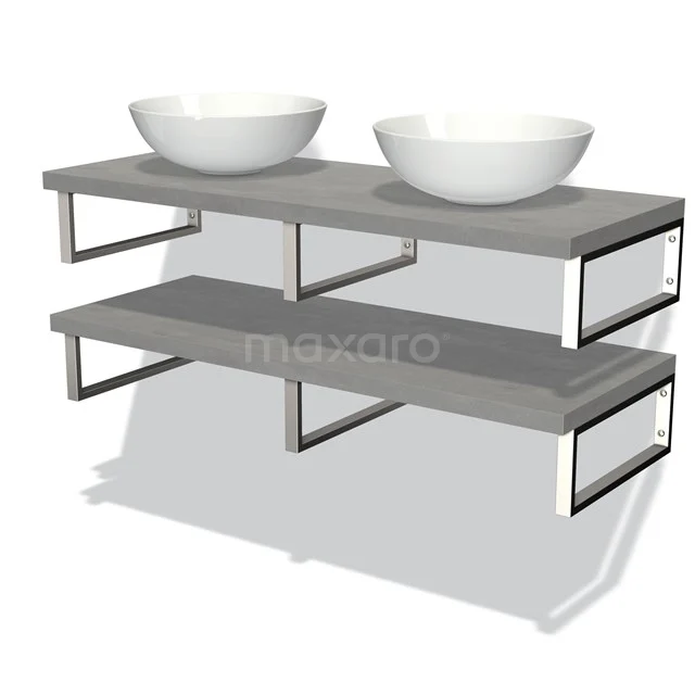 Graue Badmöbelset mit doppeltem Aufsatzwaschbecken aus weißer Keramik, schwebendes Design mit schwarzem Metallrahmen.