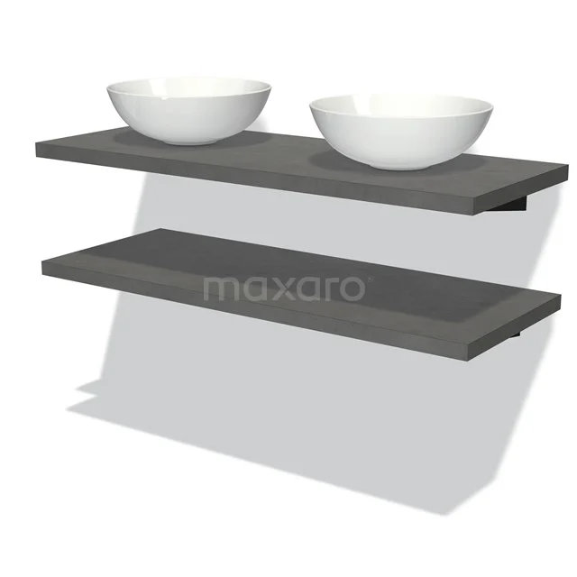 Zwei weiße Aufsatzwaschbecken auf einer grauen Holz-Badmöbelplatte, schwebendes Design, ideal für moderne Badezimmergestaltung.