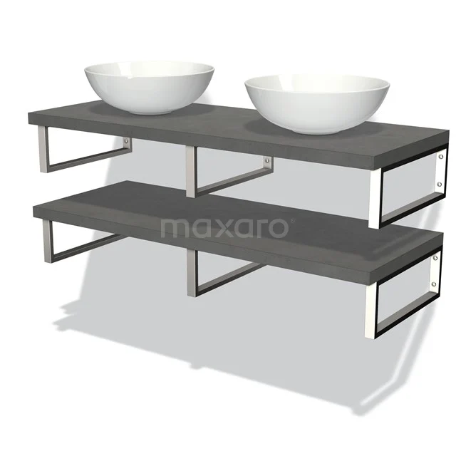 Graue Doppelwaschbecken-Set mit matter Holzoptik, Metallrahmen und weißen runden Waschbecken; modernes Badezimmerdesign.