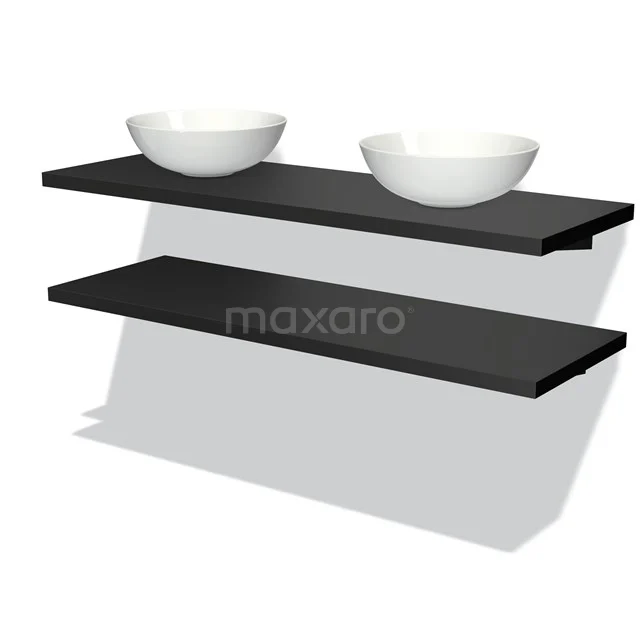 Schwarze schwebende Waschtischborde mit modernem Design, einschließlich zwei weißen keramischen Aufsatzwaschbecken für ein stilvolles Badezimmer.