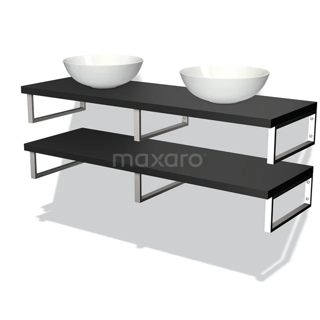 Badmöbel mit Konsole 140 cm Modulo Plato Matt Schwarz 2 Waschtischplatten BMK06-00114 Schwarzes Doppelwaschbeckenmöbel mit matter Oberfläche, schlanken Metallrahmen und keramischen Aufsatzwaschbecken; zeitgenössischer Badezimmerstil.