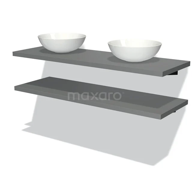 Graue Badezimmerplatte mit zwei weißen runden Waschbecken, minimalistisches Design aus Holz, ideal für eine moderne Badezimmer Einrichtung.