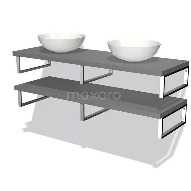 Doppelwaschbecken mit zwei weißen Aufsatzwaschbecken, graue Holzplatte, Metallrahmen; schlichte und moderne Badmöbel.