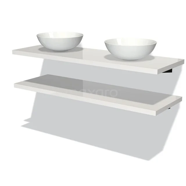 Badmöbel für Aufsatzwaschbecken 140 cm Modulo Plato Hochglanz Weiß 2 Waschtischplatten BMK06-00117 Weißes Badezimmermöbel mit doppelter Waschtischplatte und runden Schalen, modernes Design und schwebendem Regal für zusätzlichen Stauraum.