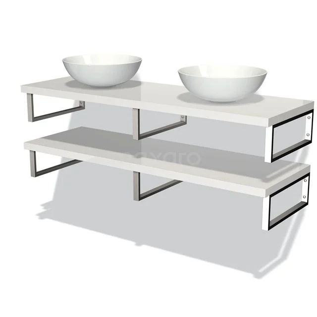Weißes Doppelwaschtischmöbel mit Metallrahmen, ausgestattet mit zwei runden Aufsatzwaschbecken und offener Ablage, ideal für moderne Bäder.