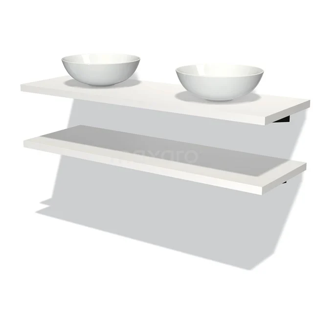 Weißes Badezimmermöbel mit Doppelwaschbecken, modernes Design, zwei Ebenen und klare Formgebung, perfekt für ein stilvolles Badezimmer.