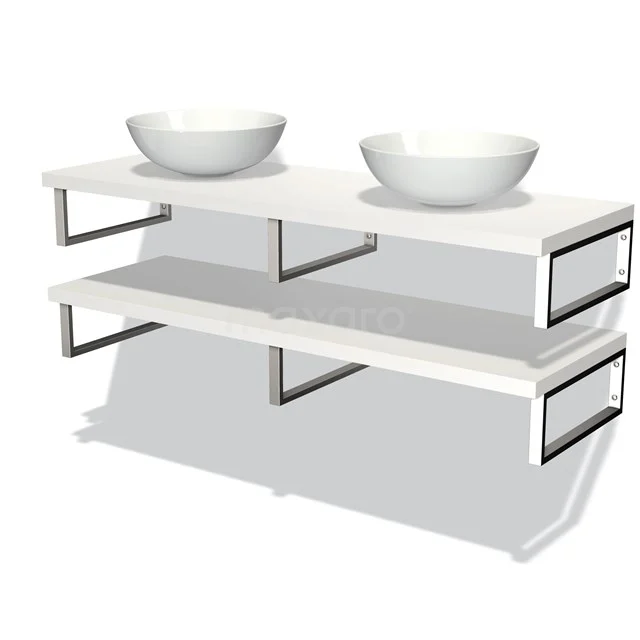 Badmöbel mit Konsole 140 cm Modulo Plato Matt Weiß 2 Aufsatzwaschbeckenplatten BMK06-00120 Weißes Doppel-Waschtischmöbel mit verchromten Rahmen, einschließlich zwei runden keramischen Aufsatzwaschbecken, ideal für moderne Bäder.