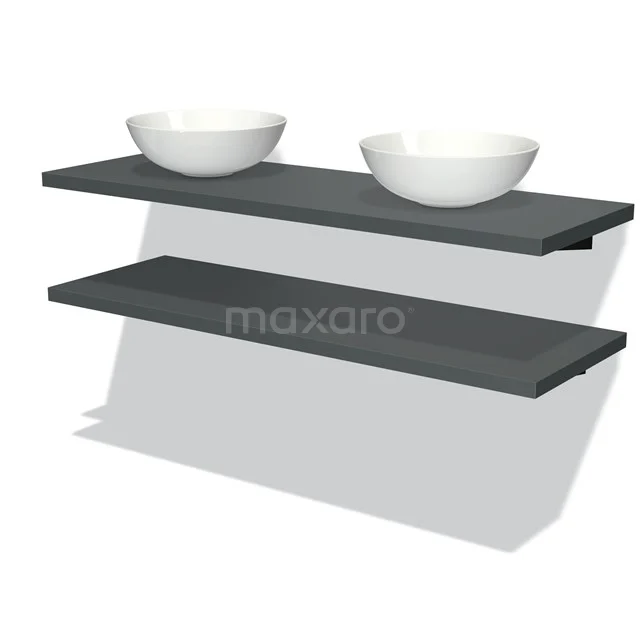 Zwevende schwarze Waschbecken mit zwei weißen runden Aufsatzwaschbecken, perfekt für eine moderne Badezimmerinrichtung.