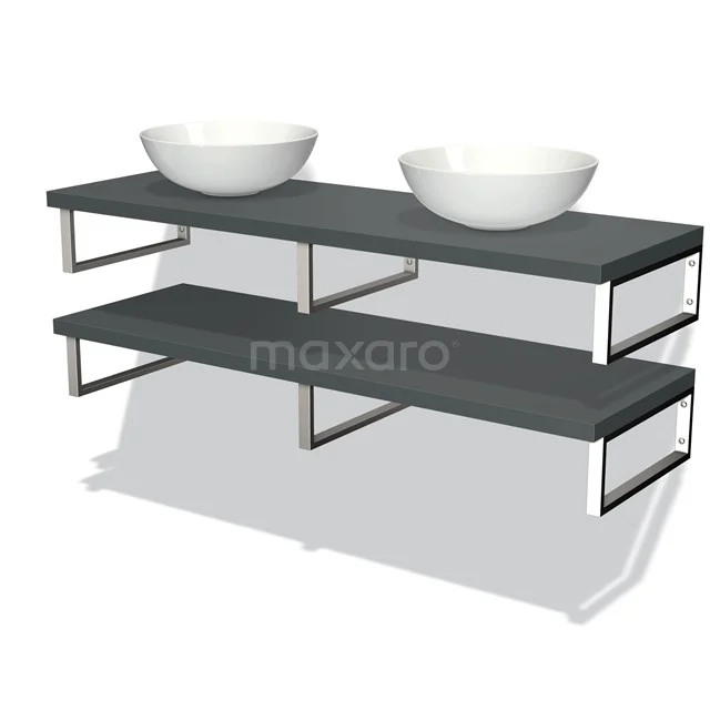 Modulo Plato Badmöbel mit Aufsatzwaschbecken | 140 cm Dunkelgrau front Dunkelgrau blatt 2 Waschtischplatten BMK06-00122 Graue Badmöbelset mit Doppelwaschbecken, modernes Design und Metallrahmen, ideal für einen stilvollen Badezimmerraum.