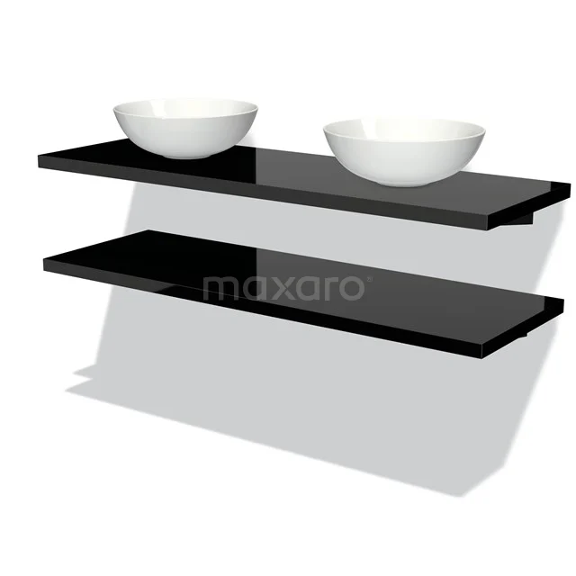 Schwarzes Glas-Waschtischboard mit 2 weißen Aufsatzwaschbecken, modernes Design, perfekte Ergänzung für ein modernes Badezimmer.