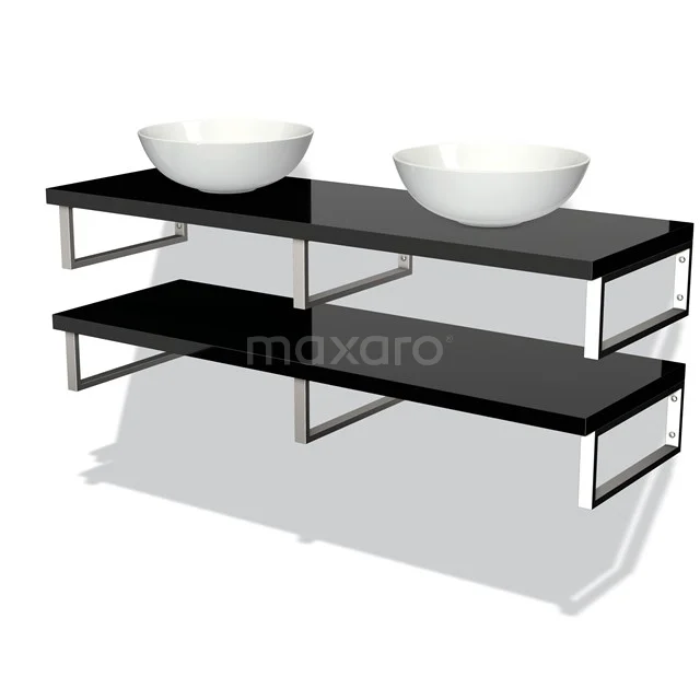 Schwarzes Doppelwaschbecken mit verchromten Stützen und runden Keramik-Aufsatzwaschbecken, ideal für einen modernen Badezimmerstil.