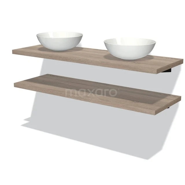 Holz Badezimmerregal mit Aufsatzwaschbecken, natürlich Eichenmuster, modernes schwebendes Design, ideal für stilvolle Badezimmerlagerung.