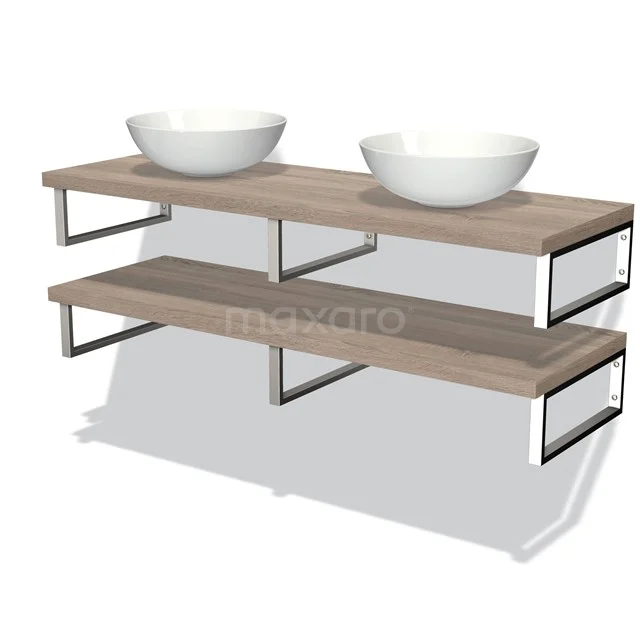 Holz Badezimmermöbel mit zwei Waschbecken, schlichte schwarze Metallrahmen und einem modernen Design für ein stilvolles Badezimmer.