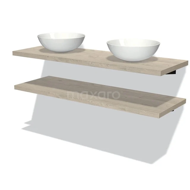 Badmöbel für Aufsatzwaschbecken 140 cm Modulo Plato Hellgraue Eiche 2 Waschtischplatten BMK06-00127 Holz Badezimmermöbel mit zwei weißen Aufsatzwaschbecken und einem schwebenden Regal, ideal für eine moderne Badezimmer Einrichtung.