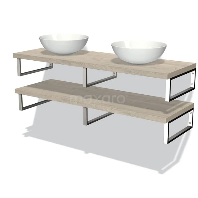 Badmöbel für Aufsatzwaschbecken 140 cm Modulo Plato Hellgraue Eiche 2 Waschtischplatten BMK06-00128 Holz-Waschtischplatte mit Natursteinoptik, doppeltes Aufsatzwaschbecken-Design und schwarzem Stahlrahmen, perfekt für moderne Bäder.