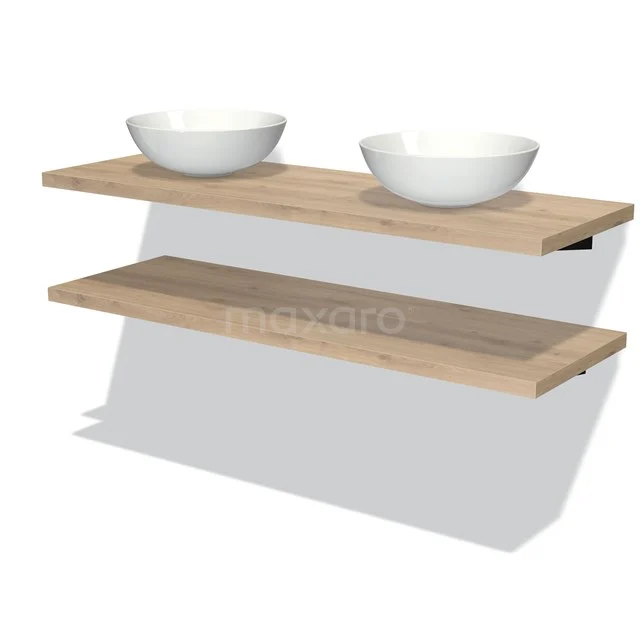 Badmöbel für Aufsatzwaschbecken 140 cm Modulo Plato Hellbraune Eiche 2 Waschtischplatten BMK06-00129 Holz-Badezimmerregal mit doppelten weißen Aufsatzwaschbecken, moderne schwebende Wandmontage, geeignet für Badezimmerlagerung.