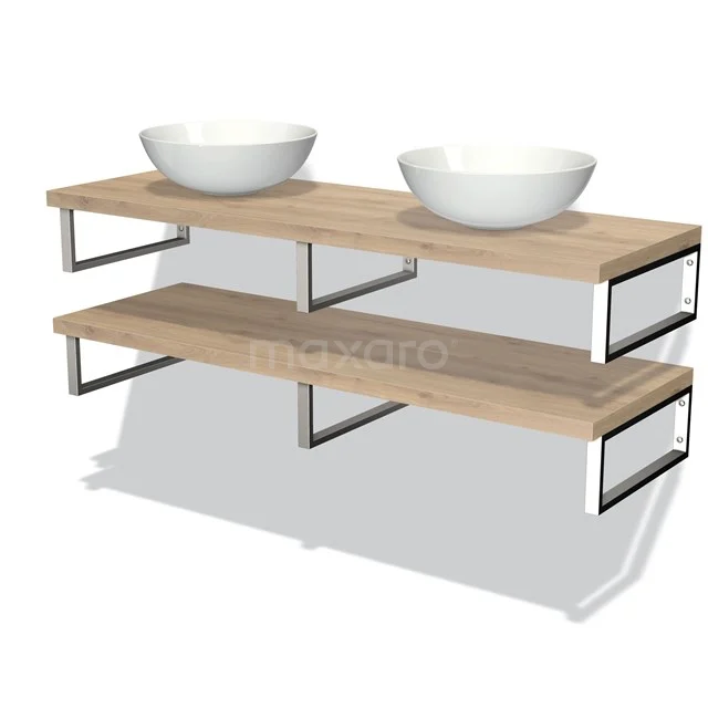 Badmöbel mit Doppelwaschtischplatte, Holzregalen und schwarzem Metallrahmen, ideal für moderne Bäder.