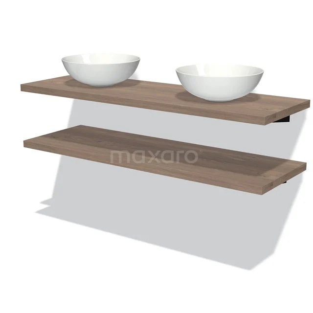 Hölzernes Doppelwaschbeckenboard mit modernem Design, einschließlich zwei weißen keramischen Aufsatzwaschbecken, ideal für ein stilvolles Badezimmer.