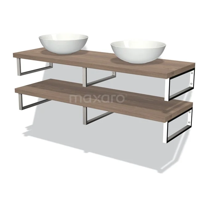 Doppelwaschbecken-Set mit Holzregalen, weißer Keramik und Metallrahmen, ideal für einen modernen Badezimmerstil.