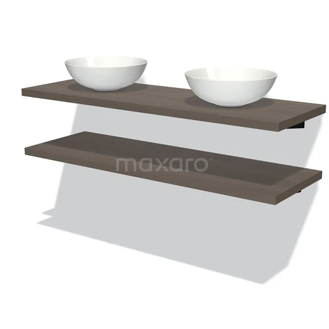 Wandregalset Holzoptik mit Doppelwaschbecken, ideal für moderne Badezimmergestaltung.