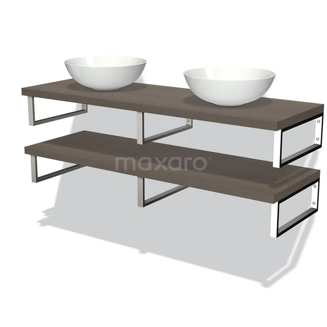 Houten badkamermeubel met donkerbruin blad, metalen frame en dubbele natuurstenen opbouwkommen voor een moderne badkamer.