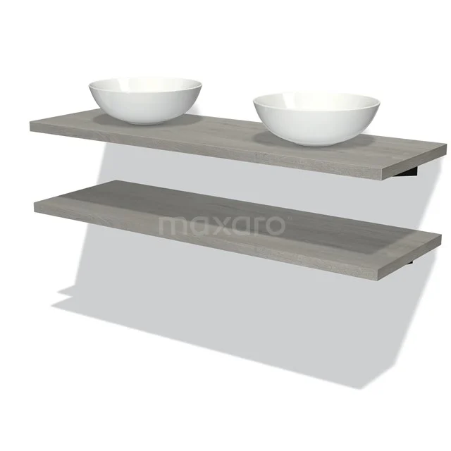 Graue Holz-Badezimmerplatte mit zwei weißen Aufsatzwaschbecken, modernes Design, geeignet für stilvolle Badezimmergestaltung.