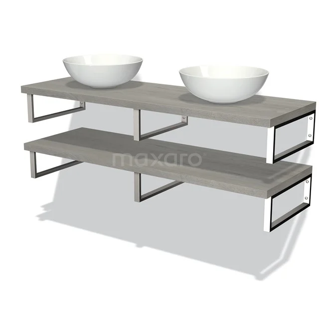 Doppelwaschbecken mit Holzlook-Regalen und Stahlrahmen, modernes Design; ideal für eine stilvolle Badezimmer Einrichtung.