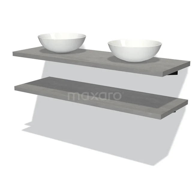 Badmöbel für Waschtischunterschrank mit Konsole 140 cm Modulo Plato hellgrauer Beton 2 Waschtischplatten BMK06-00137 Graue schwebende Doppelwaschbeckenplatte im Stein-Look mit zwei weißen Schalen, stilvolles Badezimmerdesign für eine moderne Ausstrahlung.
