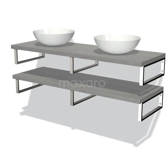 Graues Doppelwaschbecken mit zwei runden weißen Schalen und einem modernen schwebenden Design, ideal für ein stilvolles Badezimmer.