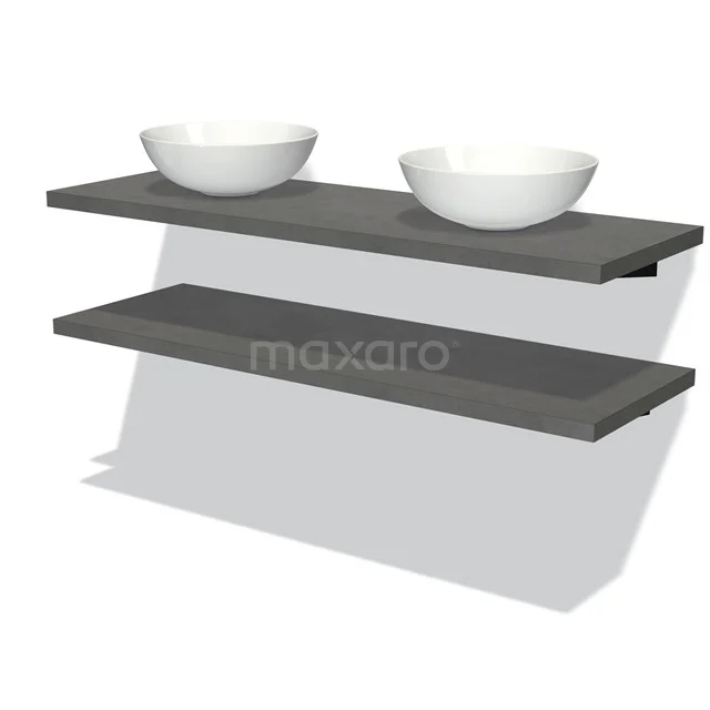 Dunkelgraue Badezimmerregalset aus Holz mit zwei weißen Aufsatzwaschbecken, minimalistisches Design für moderne Bäder.