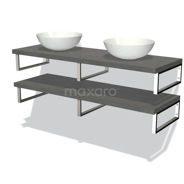 Doppelwaschbecken-Set mit Holz-Optik Grau Platte, weißen Schalen und Metallrahmen, ideal für moderne Badezimmergestaltung.