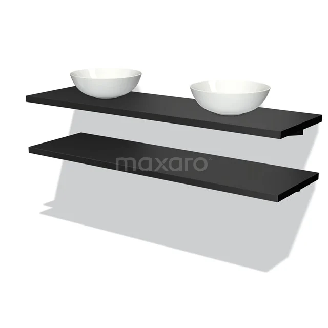 Badmöbel für Waschtischunterschrank mit Konsole 160 cm Modulo Plato Matt Schwarz 2 Waschtischplatten BMK06-00141 Schwarze Holz-Badezimmerablage mit zwei weißen Aufsatzwaschbecken-Vasen, modernes Design für stilvolle Badezimmerlagerung.