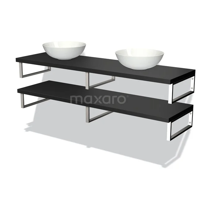 Schwarzes Doppelwaschbeckenmöbel mit Metallrahmen, zwei runden weißen Aufsatzwaschbecken, ideal als luxuriöse Badezimmerlösung.