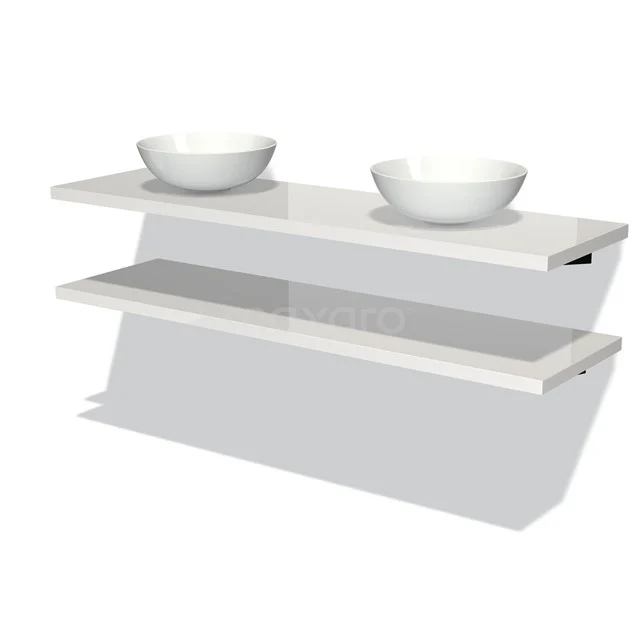 Badmöbel für Aufsatzwaschbecken 160 cm Modulo Plato Hochglanz Weiß 2 Waschtischplatten BMK06-00143 Doppelte weiße Waschbecken mit modernem Design, inkl. schwebendem Badezimmermöbel und spiegelnder Oberfläche, ideal für ein luxuriöses Badezimmer.