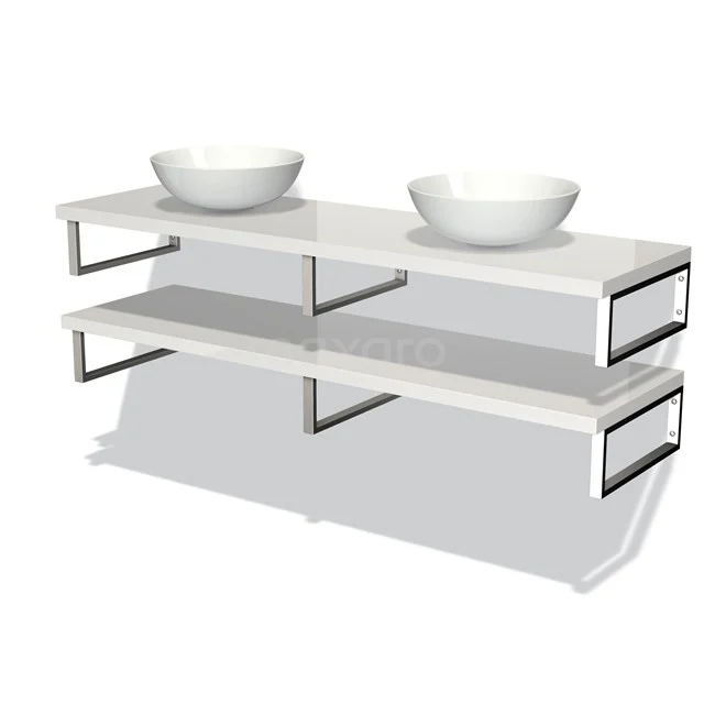 Modulo Plato Badmöbel mit Aufsatzwaschbecken | 160 cm Hochglanz Weiß front Hochglanz Weiß blatt 2 Waschtischplatten BMK06-00144 Doppelwaschbecken-Set mit weißen Schalen, silberfarbenem Metallrahmen und Glasregalen, ideal für moderne Bäder.