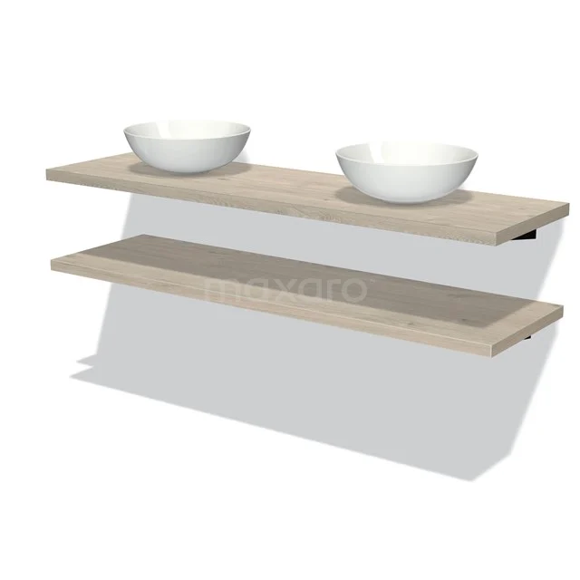 Badmöbel mit Konsole 160 cm Modulo Plato Hellgraue Eiche 2 Waschtischplatten BMK06-00145 Holz Badezimmermöbel mit zwei Waschbecken, moderne schwebende Regale in heller Eiche Optik für stilvolle Badezimmerlagerung.