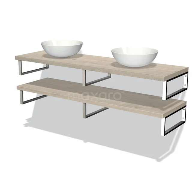 Doppelwaschbecken mit massiver Eichenholzplatte, weißen runden Aufsatzwaschbecken und schwarzem Metallrahmen, modernes Badezimmerdesign.