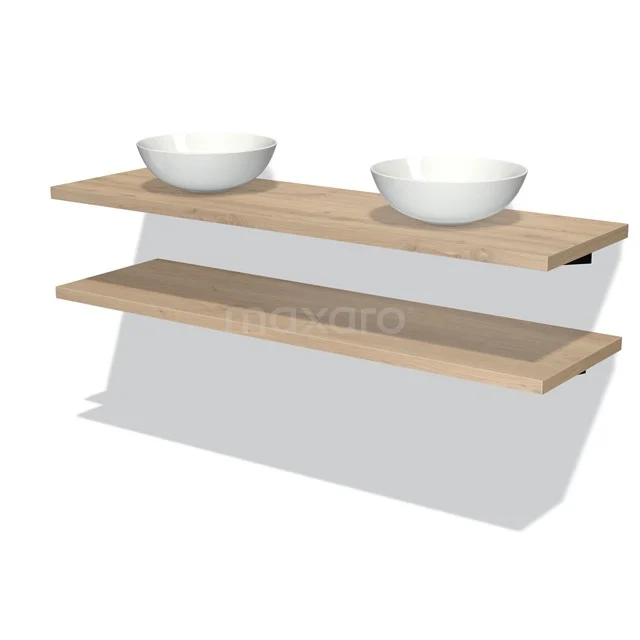 Badmöbel für Aufsatzwaschbecken 160 cm Modulo Plato Hellbraune Eiche 2 Waschtischplatten BMK06-00147 Eichenholz-Waschtischplatte mit zwei weißen Aufsatzwaschbecken, ideal für eine moderne Badezimmergestaltung.