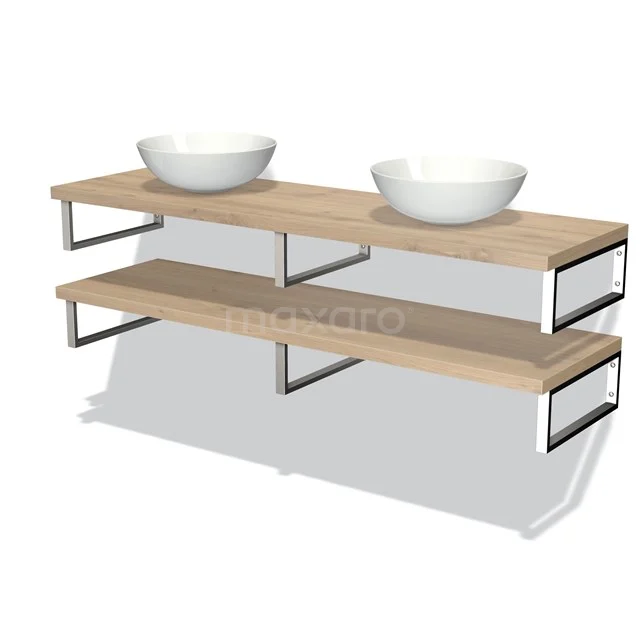 Holz-Waschtischplatte mit doppelten Aufsatzwaschbecken, moderne Metallstützen, ideal als elegante Badezimmerlösung.