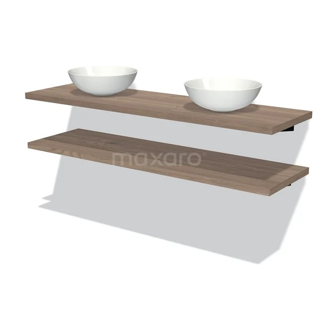 Hölzerne Badezimmerplatte mit Doppelwaschbecken, schwebendes Design aus walnussfarbenem Material für eine moderne Badezimmergestaltung.