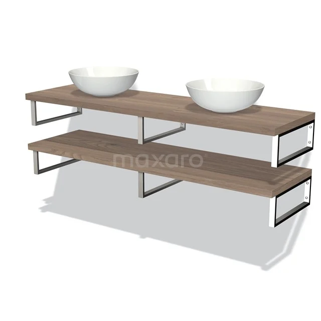 Holz-Waschtisch mit doppeltem Aufsatzwaschbecken, minimalistisches Design, Metallrahmen; ideal als moderne Badezimmerlösung.