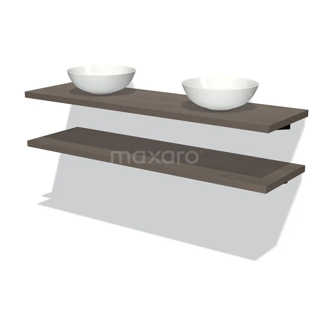 Wandregalset Holzoptik dunkelbraun mit zwei Waschbecken, moderne Badezimmerlösung aus nachhaltigen Materialien.