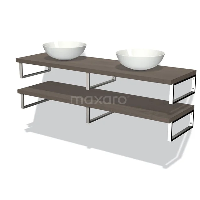 Badmöbel mit Konsole 160 cm Modulo Plato dunkelbraune Eiche 2 Waschtischplatten BMK06-00152 Doppelwaschbeckenunterbauset mit dunklen Holzregalen, weißen Schalen und Metallrahmen, moderne Badezimmerlösung.