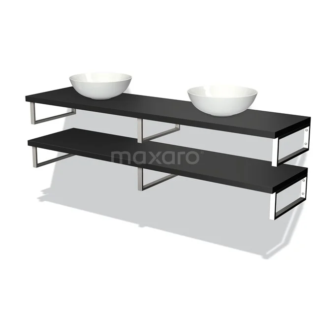 Doppelwaschbecken-Set mit schwarzem Holzregal, weißen keramischen Aufsatzwaschbecken und Metallhaltern, ideal für ein modernes Badezimmer.