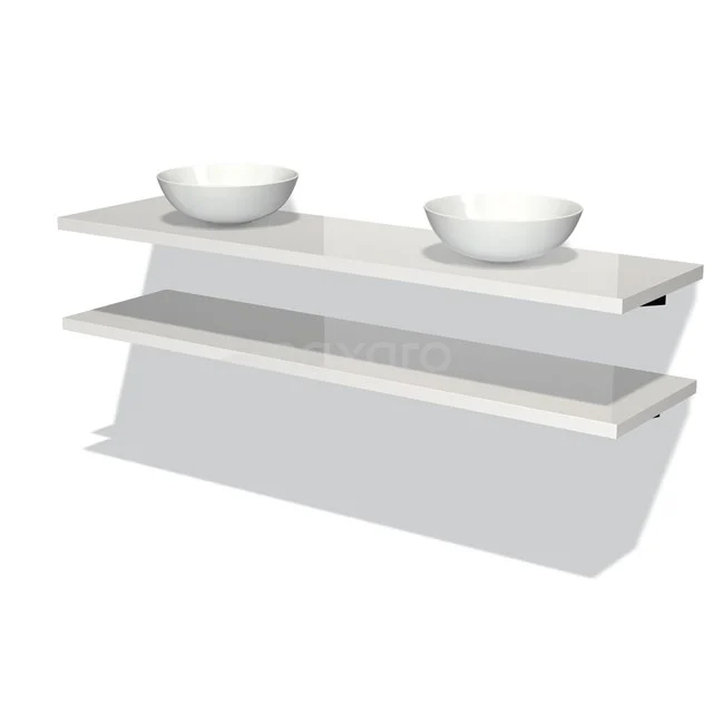 Badmöbel für Aufsatzwaschbecken 180 cm Modulo Plato Hochglanz Weiß 2 Waschtischplatten BMK06-00155 Weißes Waschtischmöbel mit modernem Design, doppelten runden Aufsatzwaschbecken und klaren Linien, perfekt für ein stilvolles Badezimmer.