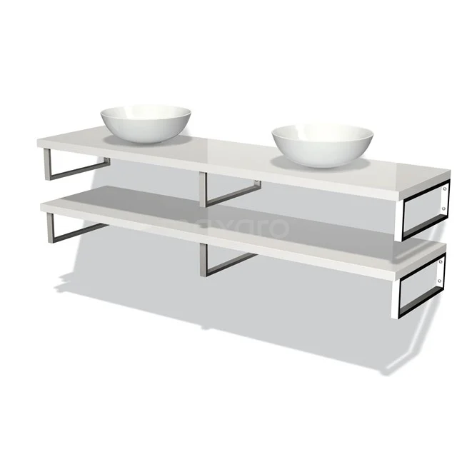 Weißes Waschtischmöbel mit doppelten Aufsatzwaschbecken, modernen Metallakzenten und zwei Regalen, ideal für eine schlichte Badezimmergestaltung.