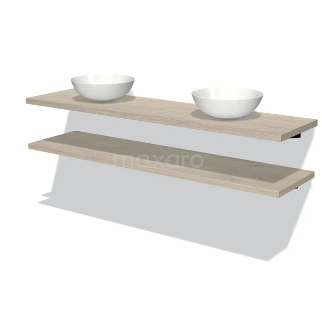 Hölzerne Waschtischplatte für das Badezimmer, mit doppeltem Aufsatzwaschbecken und minimalistischem Design, ideal für moderne Einrichtung.