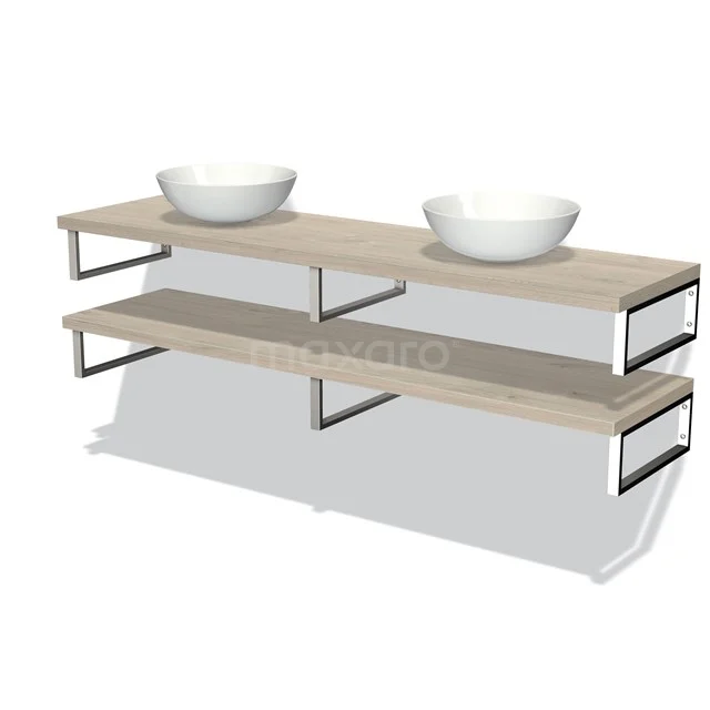 Badmöbel mit Konsole 180 cm Modulo Plato Hellgraue Eiche 2 Waschtischplatten BMK06-00158 Hölzernes Badezimmermöbel mit zwei Waschbecken, offenem Metallrahmen und doppeltem Regal für Stauraum.