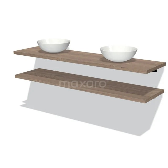 Badmöbel mit Konsole 180 cm Modulo Plato Mittelbraune Eiche 2 Waschtischplatten BMK06-00161 Holz Doppelwaschbeckenplatte in Eiche Ausführung, geeignet für moderne Badezimmerinterieurs mit keramischen Aufsatzbecken.